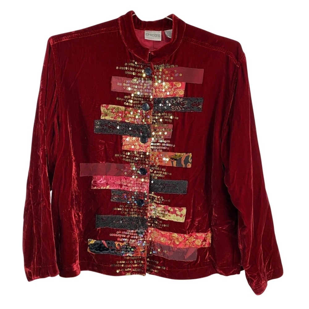 Chico's Jacket Womens 2 Red Velvet Sequin Embellished Silk Lined Button Front